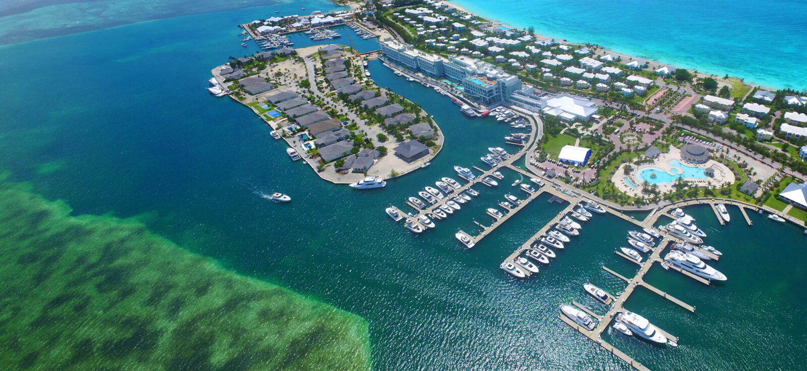 Aerial view of Bimini waterfront and marina