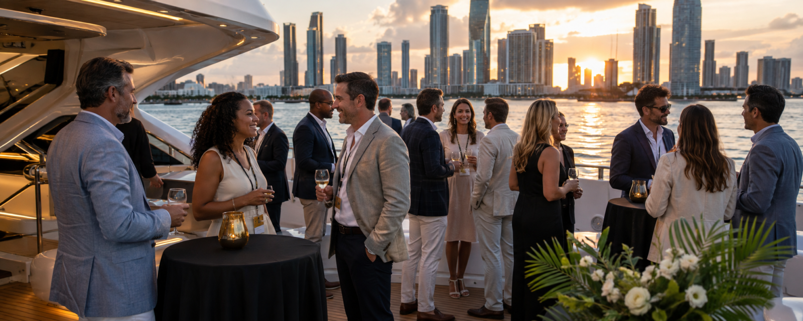 Corporate yacht event networking in Miami at sunset