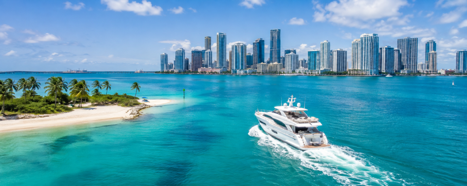 Luxury yacht cruising Biscayne Bay toward the Miami skyline
