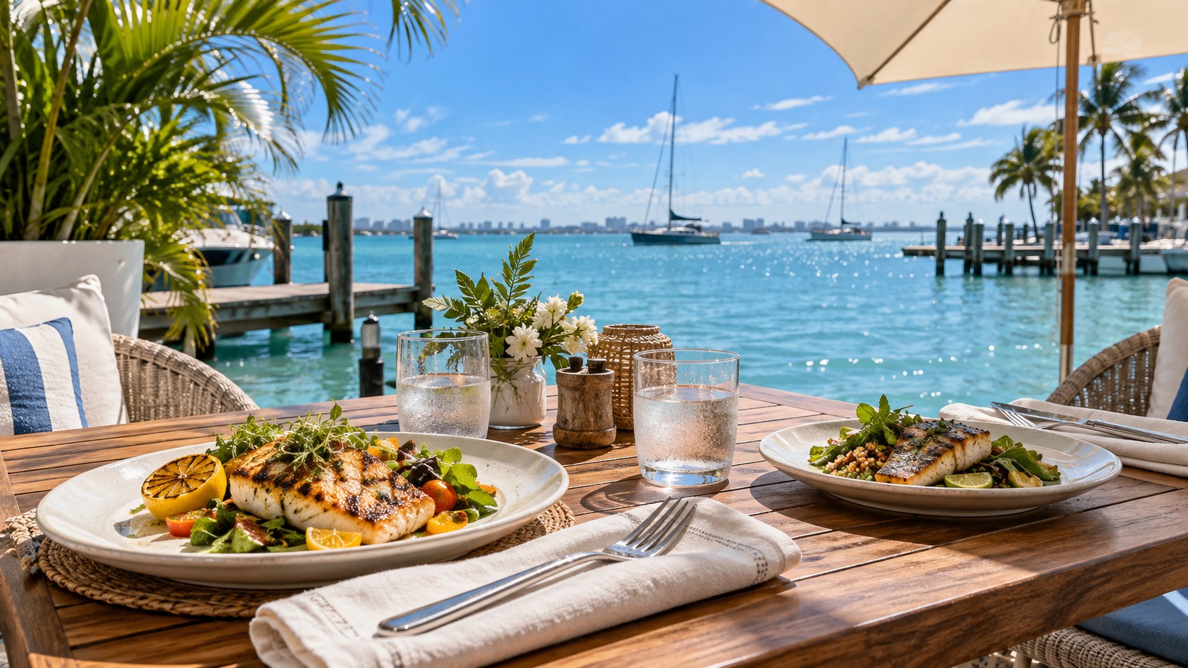 AI-created bayside seafood lunch with a shaded terrace and turquoise water