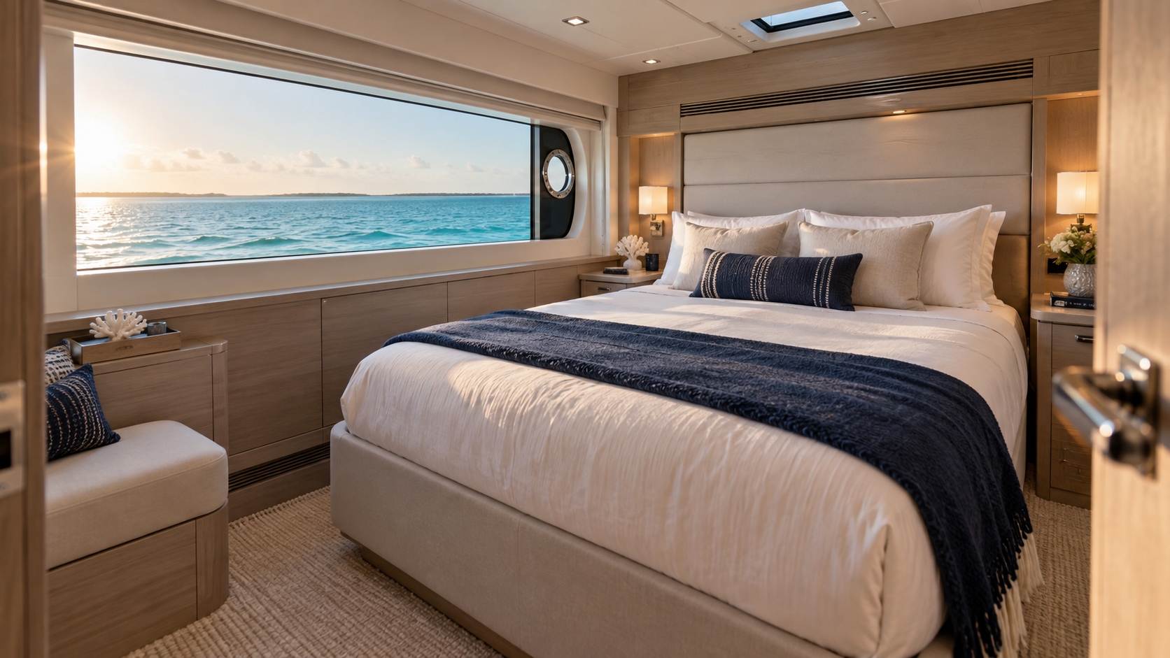 Illustrative motor yacht guest cabin for an overnight Bahamas charter