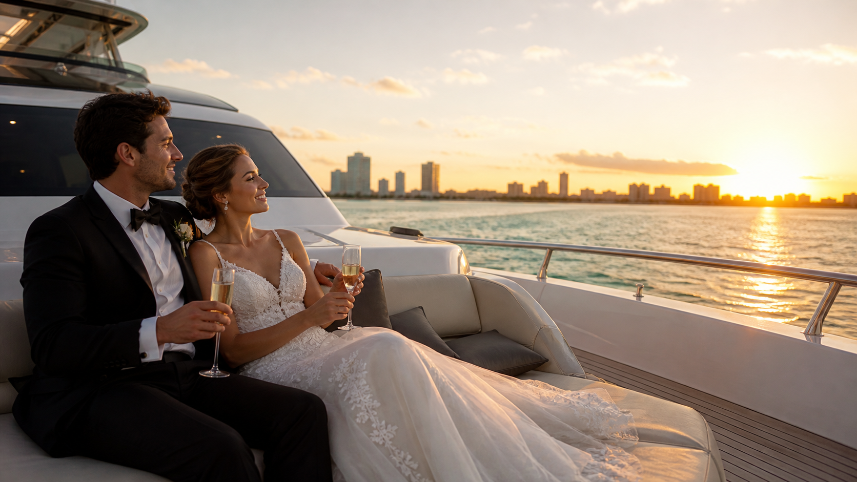 Newlywed couple enjoying a private yacht honeymoon in Miami at sunset