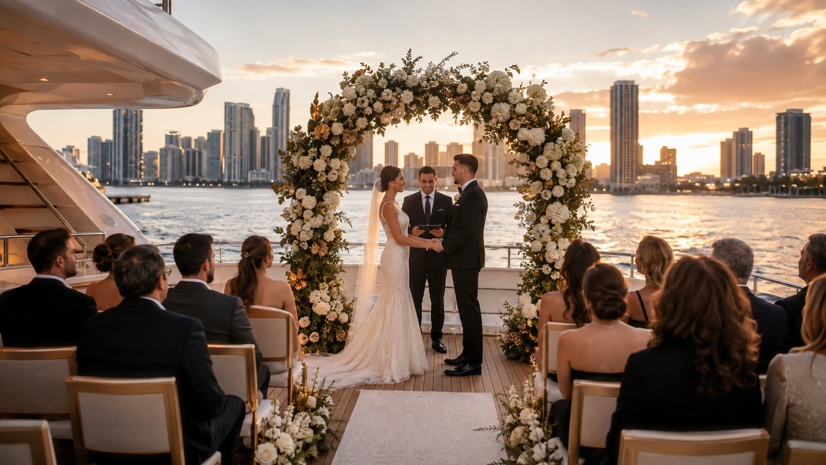 Miami yacht wedding ceremony aboard a luxury motor yacht at sunset