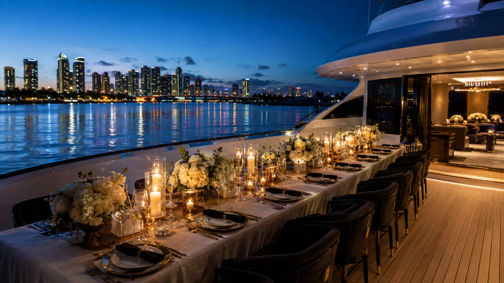 Elegant luxury yacht wedding reception in Miami at blue hour