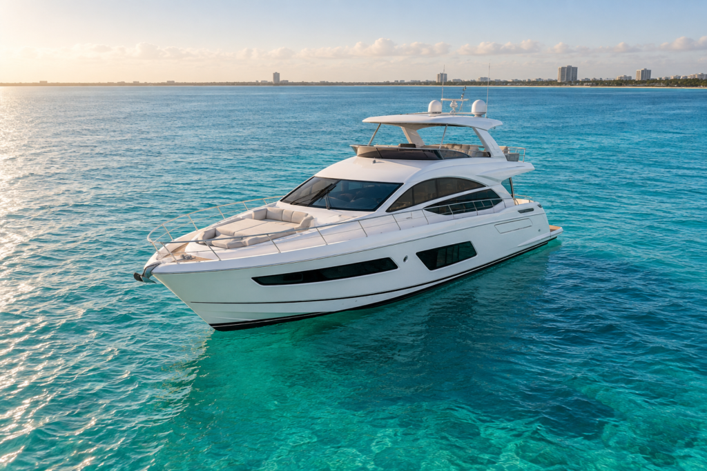 White private motor yacht on turquoise water — charter concept