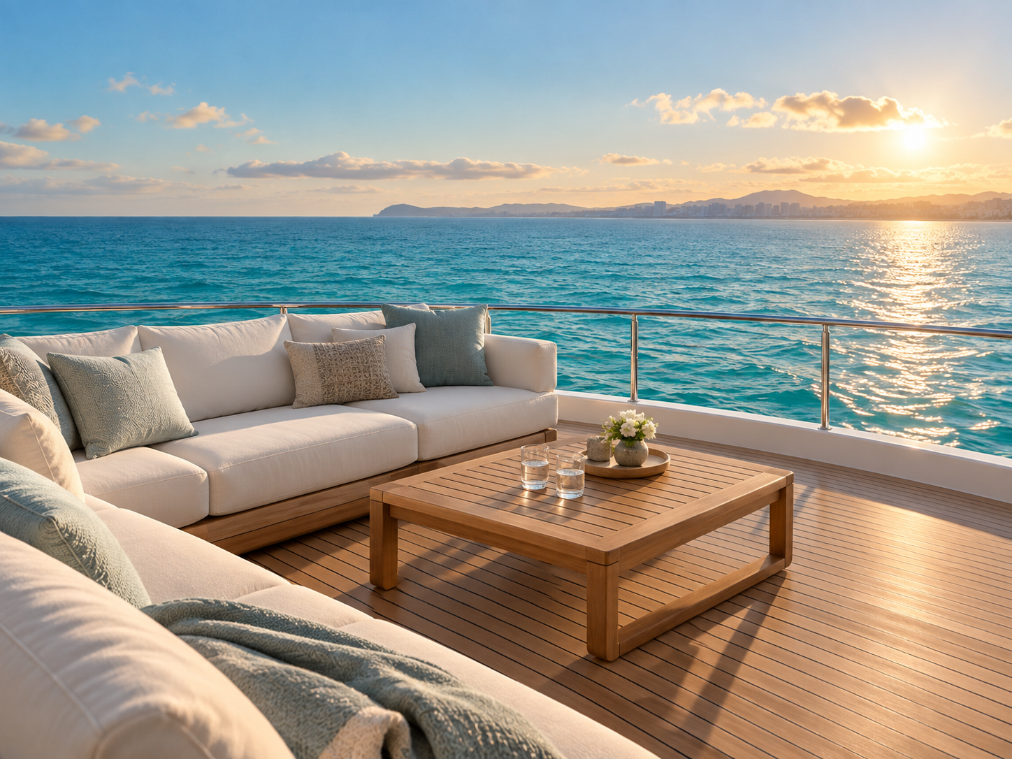 Luxury yacht lounge concept with white seating and open ocean views