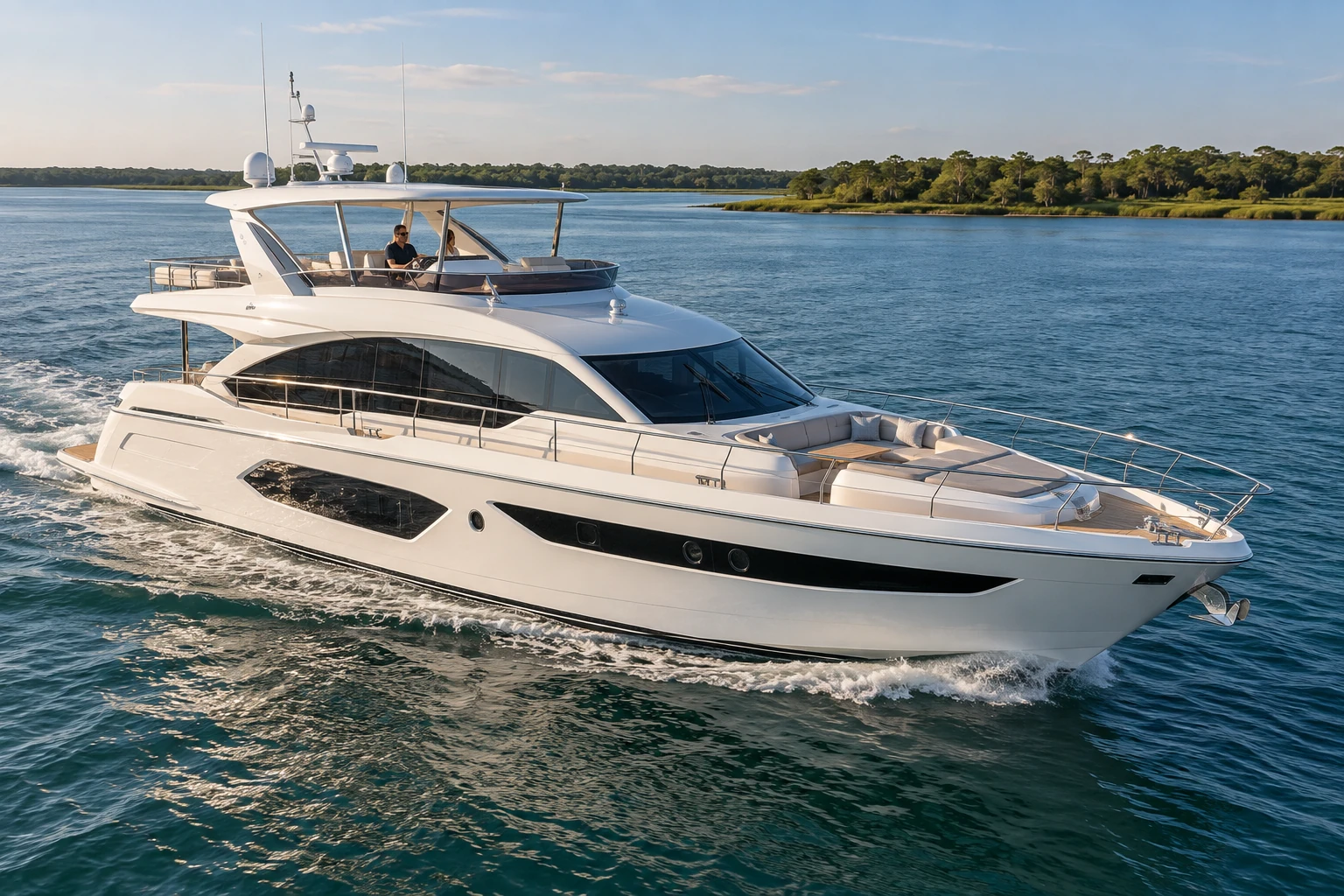 Illustrative private flybridge yacht cruising beside a green shoreline