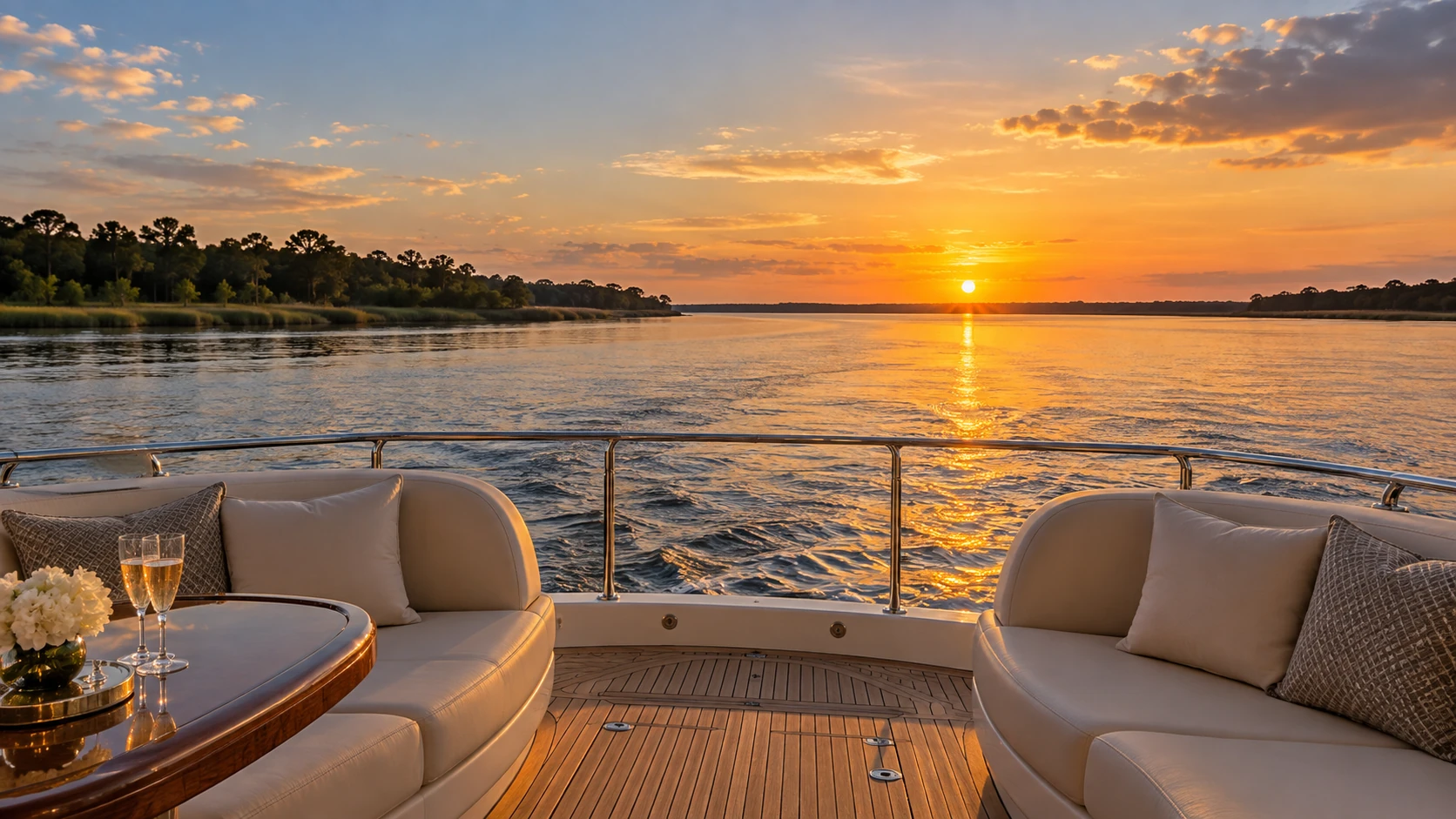 Illustrative yacht lounge overlooking a peaceful river at sunset