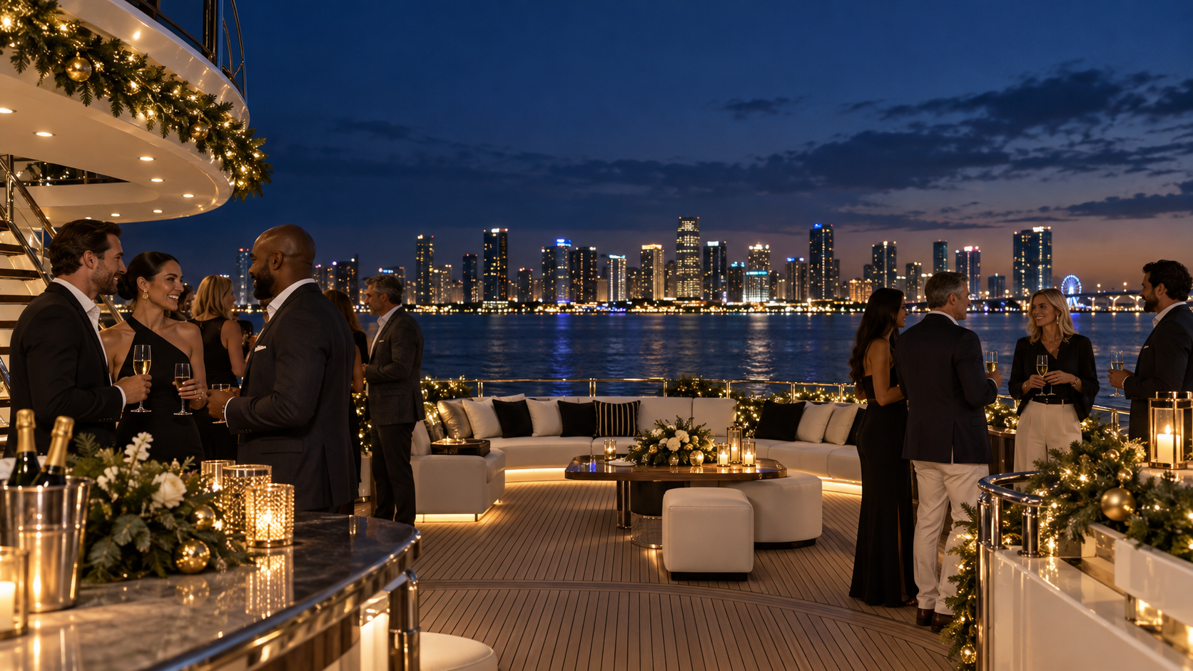 Illustrative Miami company holiday yacht party with festive lights and waterfront views