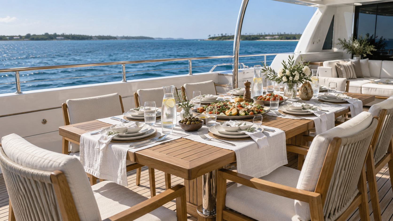 AI-created concept of an alfresco lunch setting on a yacht deck