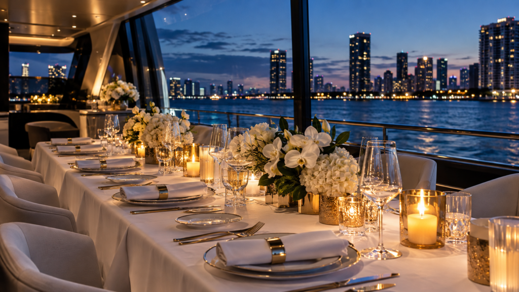 Concept of an elegant corporate dinner cruise overlooking the Miami waterfront