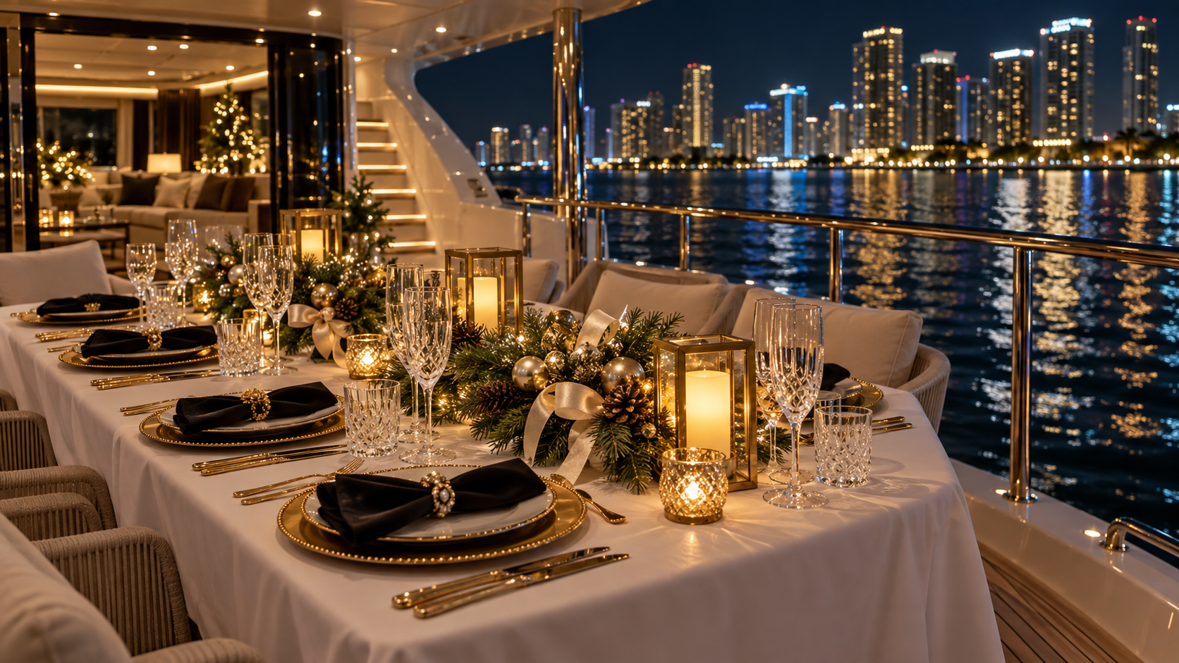 Holiday yacht dining inspiration with gold place settings, greenery, and Miami waterfront lights