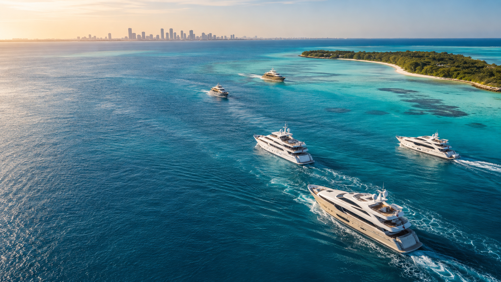 Luxury yacht fleet cruising from Miami toward The Bahamas
