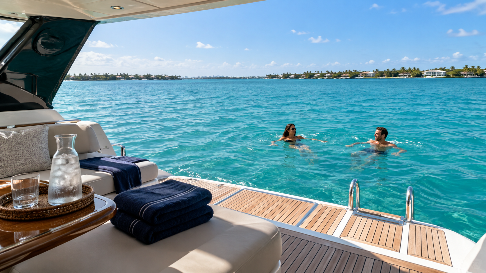 Illustration of a relaxed swim stop beside a motor yacht