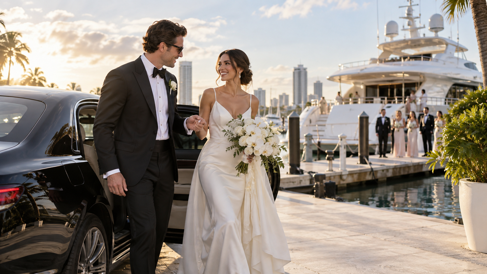 Newlywed couple arriving at a Miami marina for a luxury yacht wedding