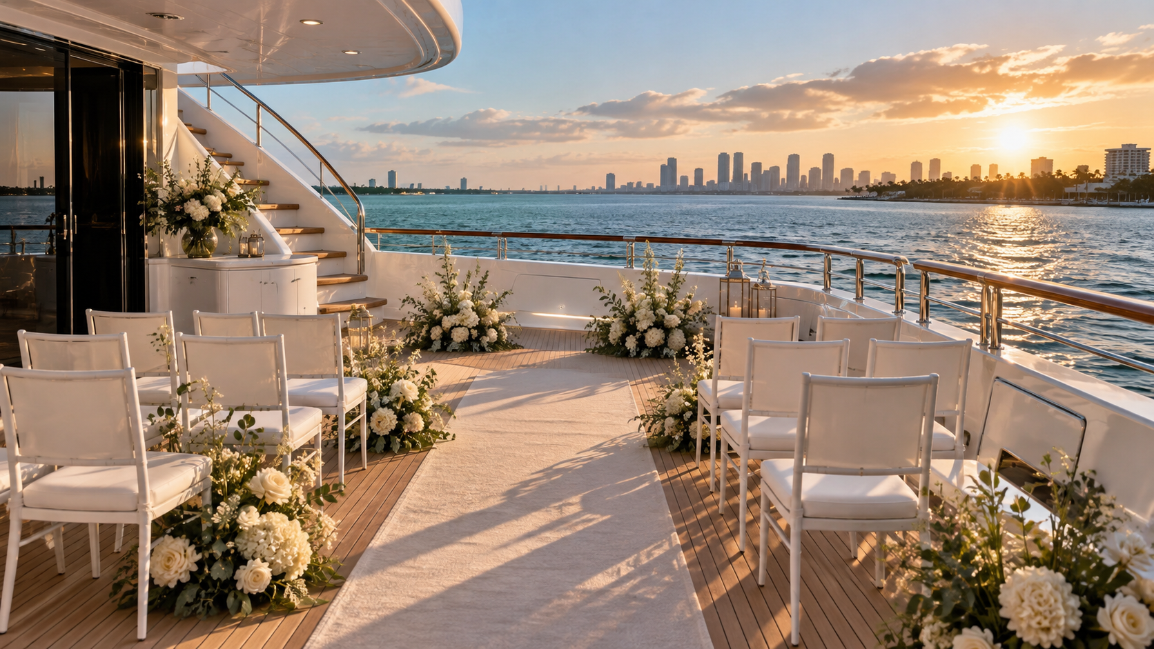 Illustrative intimate yacht wedding ceremony with white flowers and waterfront views
