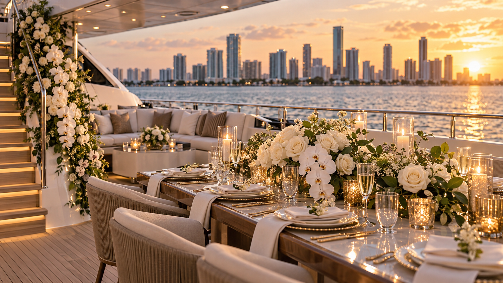 Luxury yacht wedding florals and reception decor in Miami at sunset