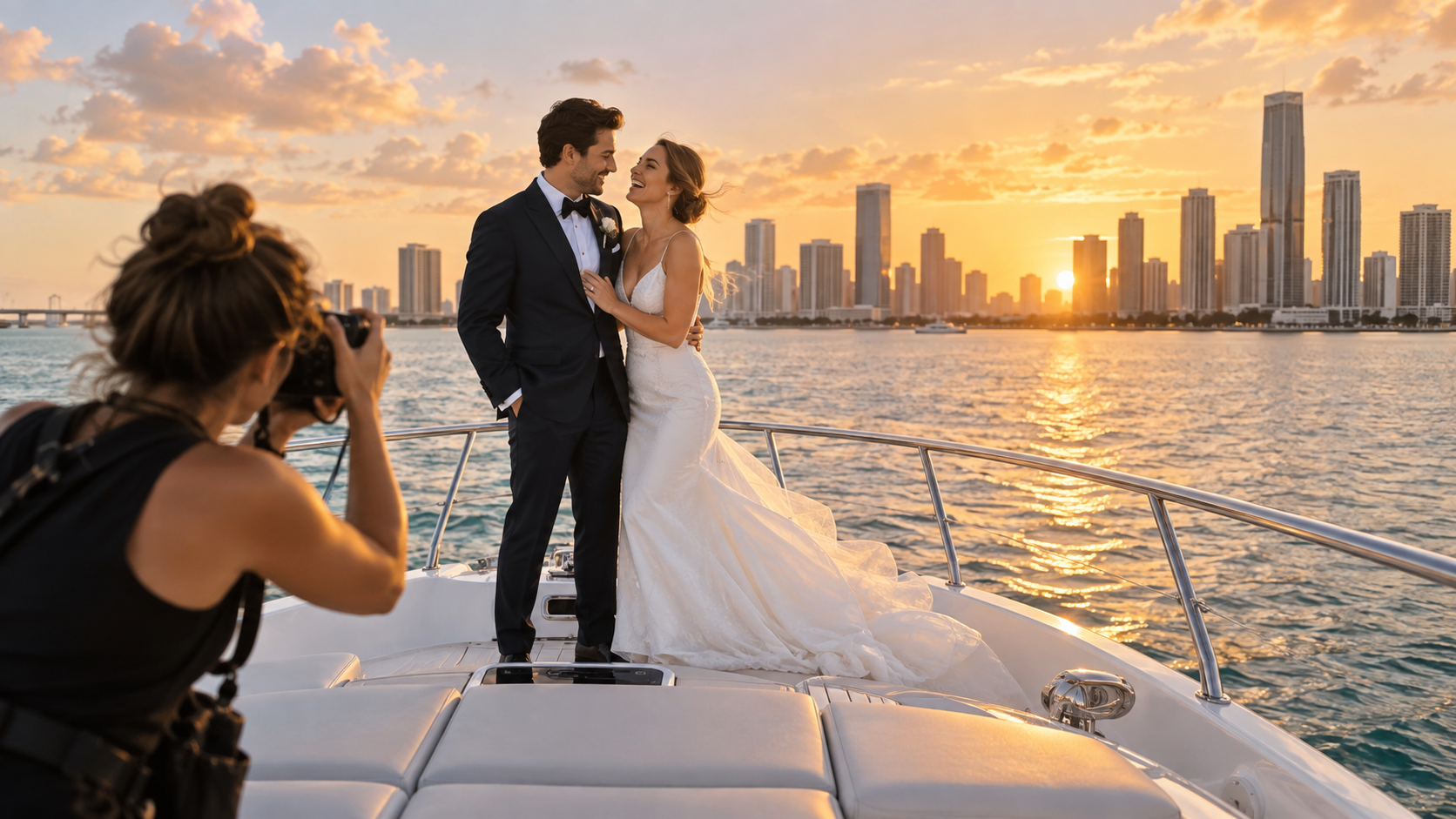 Wedding photographer capturing newlyweds aboard a Miami luxury yacht at sunset