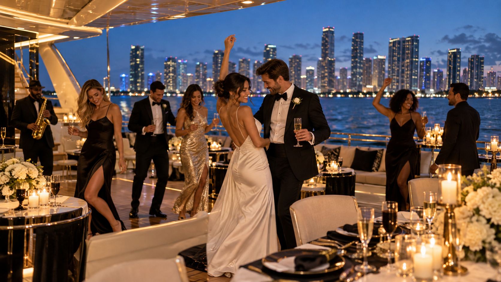Luxury yacht wedding reception and dancing in Miami at blue hour