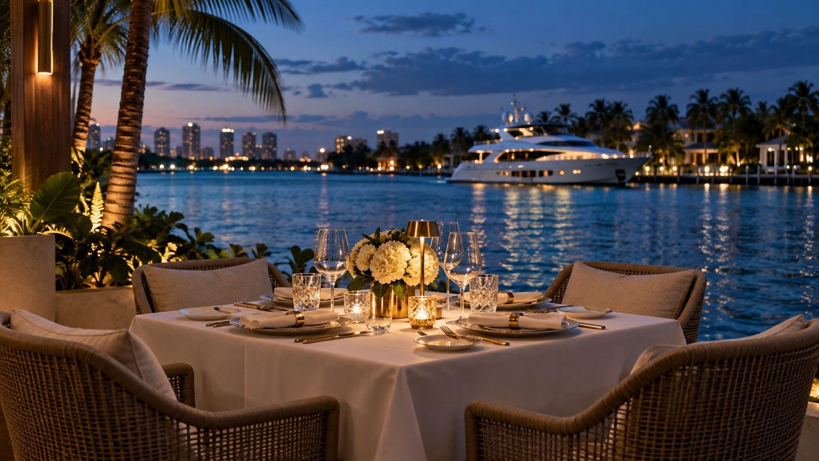 AI-created waterfront restaurant table with candlelight, calm water and a yacht at dusk