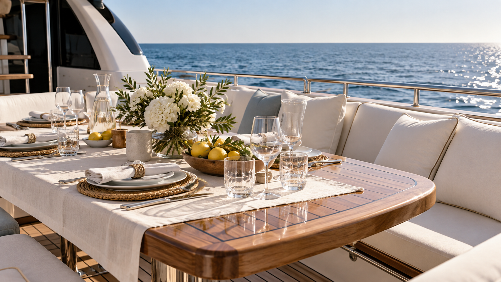 Illustrative open-air yacht dining table overlooking the water